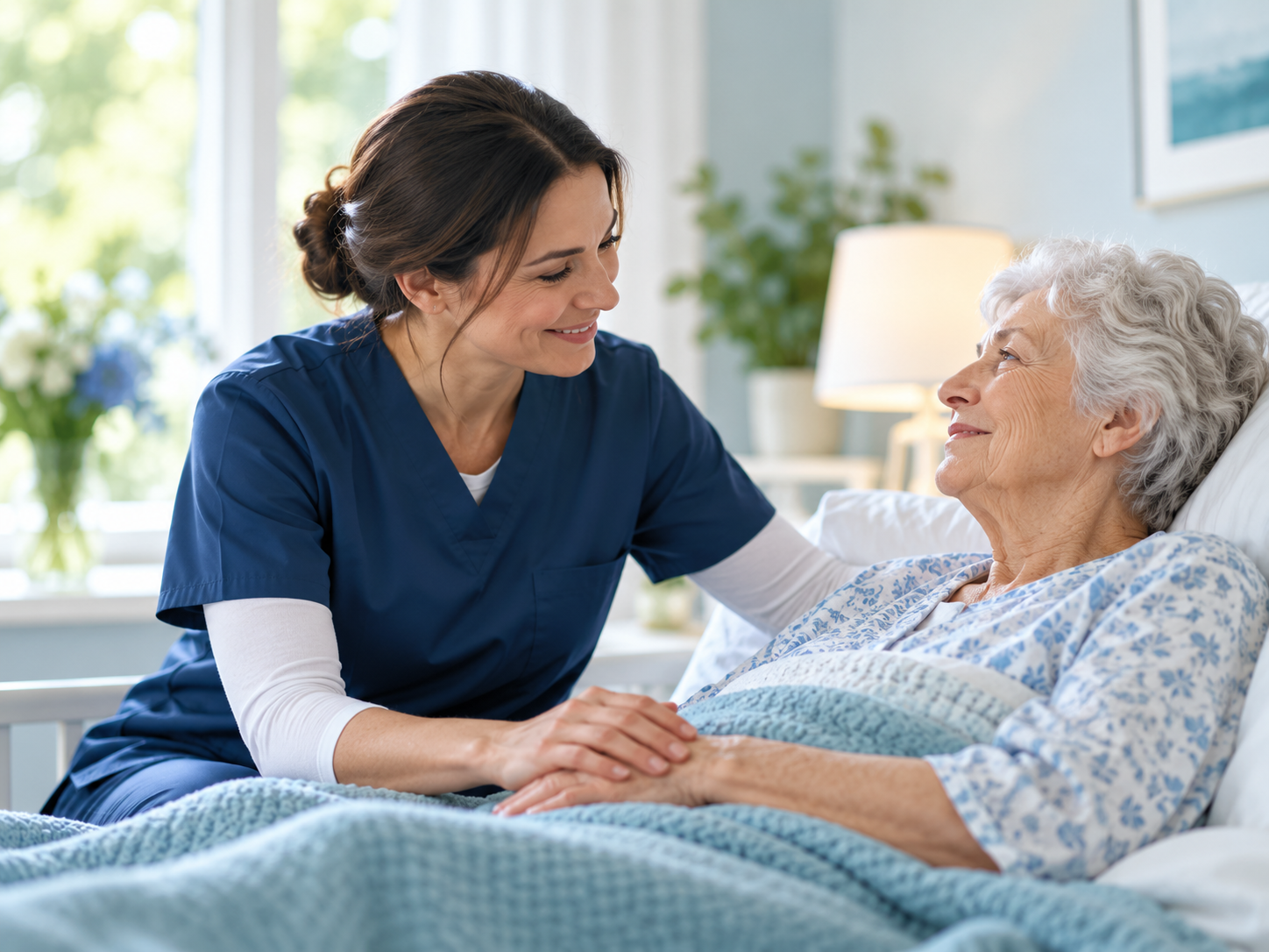 A nurse offering compassionate bedside support to an older adult patient in a peaceful setting