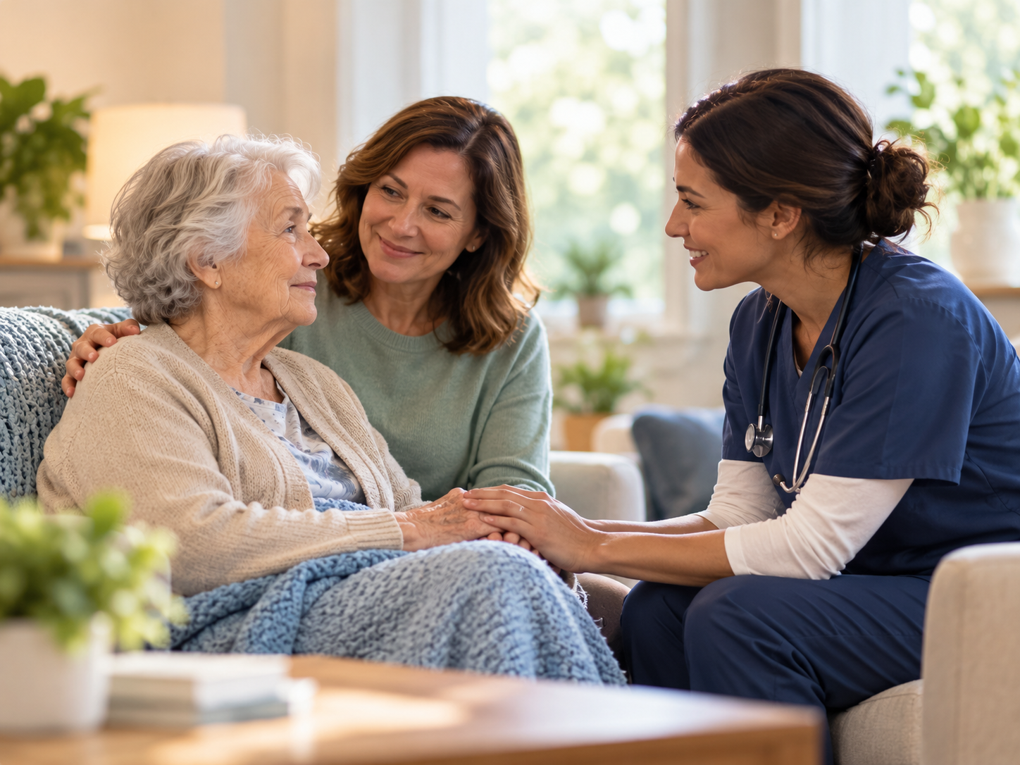An older adult, a family member, and a clinician sharing a calm supportive conversation