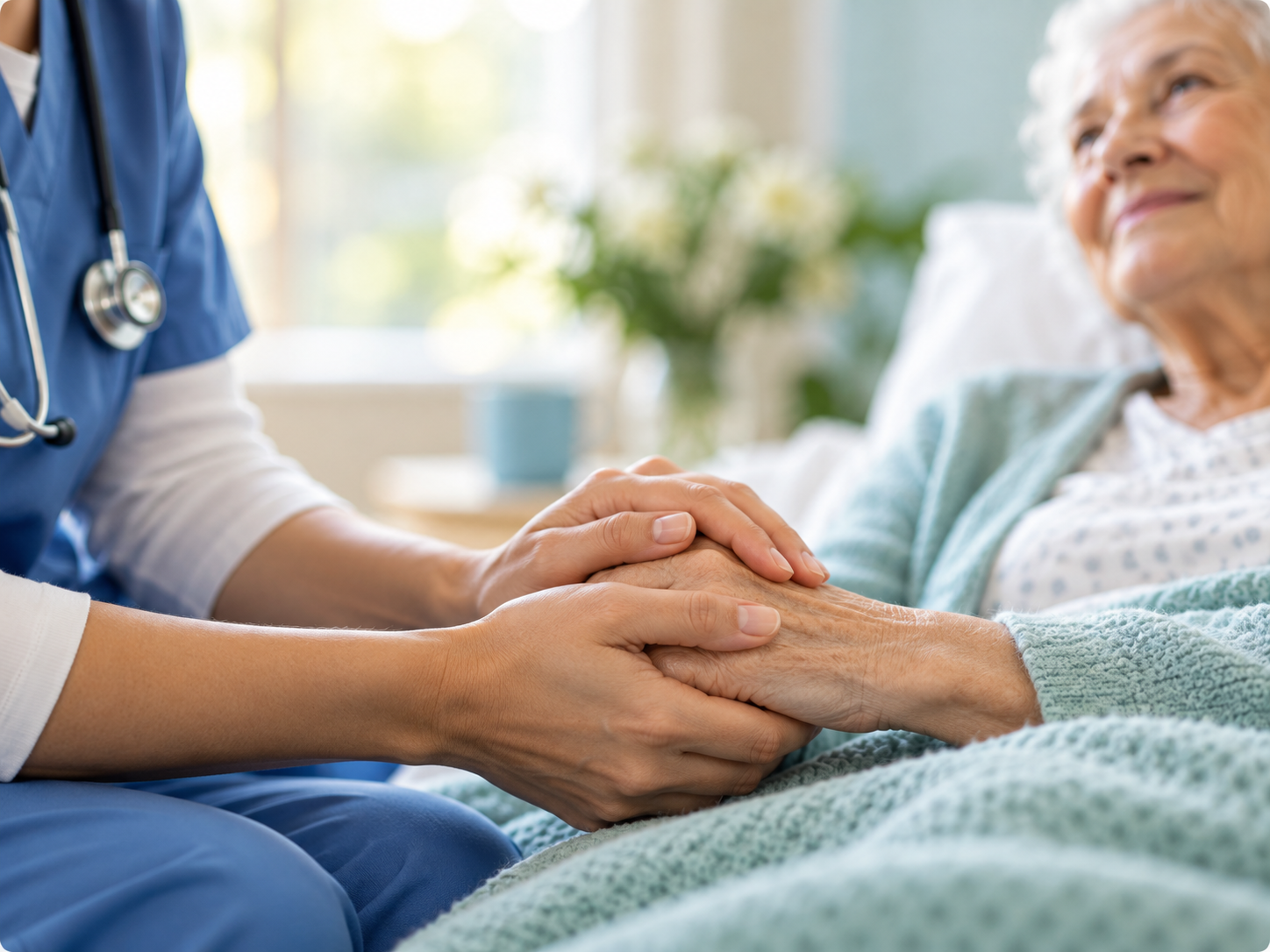 A healthcare professional gently holding an older adult patient's hands in a comforting moment
